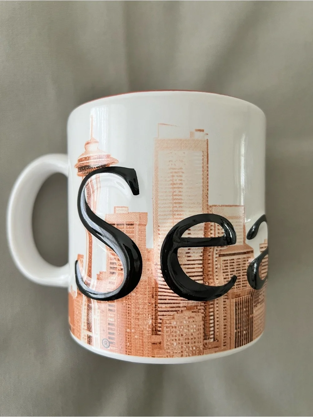 Seattle The Emerald City White and Tan Large Ceramic Cityscape Mug